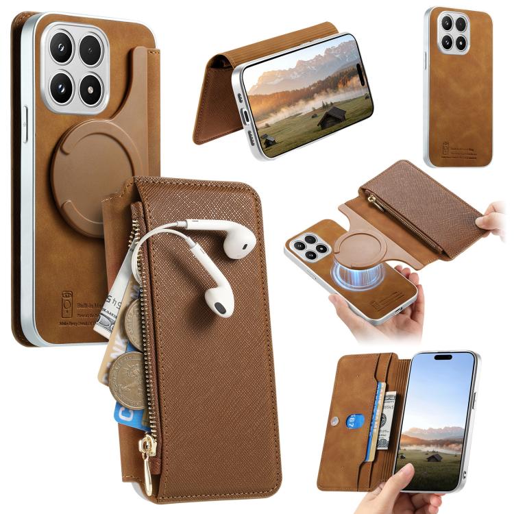 For Xiaomi 17 CaseNeo Precision Hole Silver-Edged Magnetic Zipper Wallet Cross-Grain Vegan Leather Phone Case(Brown)