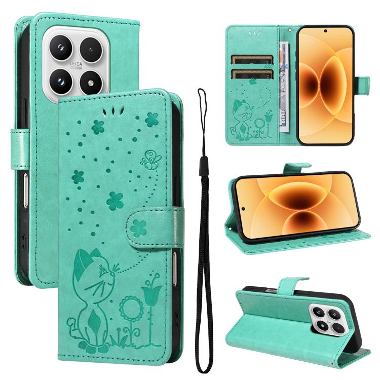 For Xiaomi 17 Cat and Bee Embossed Flip Leather Phone Case(Green)