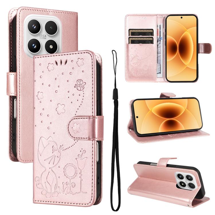 For Xiaomi 17 Cat and Bee Embossed Flip Leather Phone Case(Rose Gold)