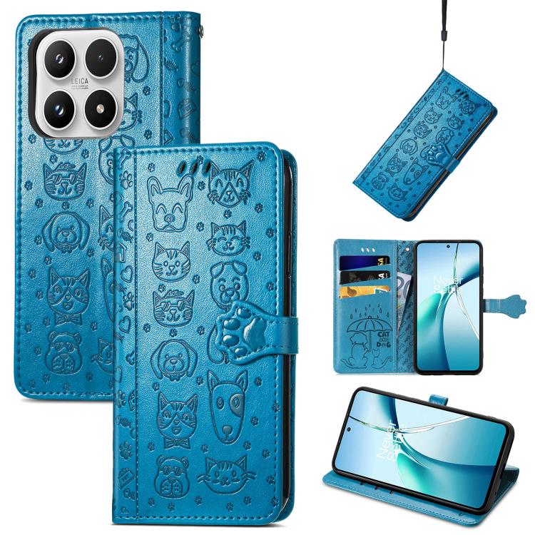 For Xiaomi 17 Cat and Dog Embossed Leather Phone Case(Blue)