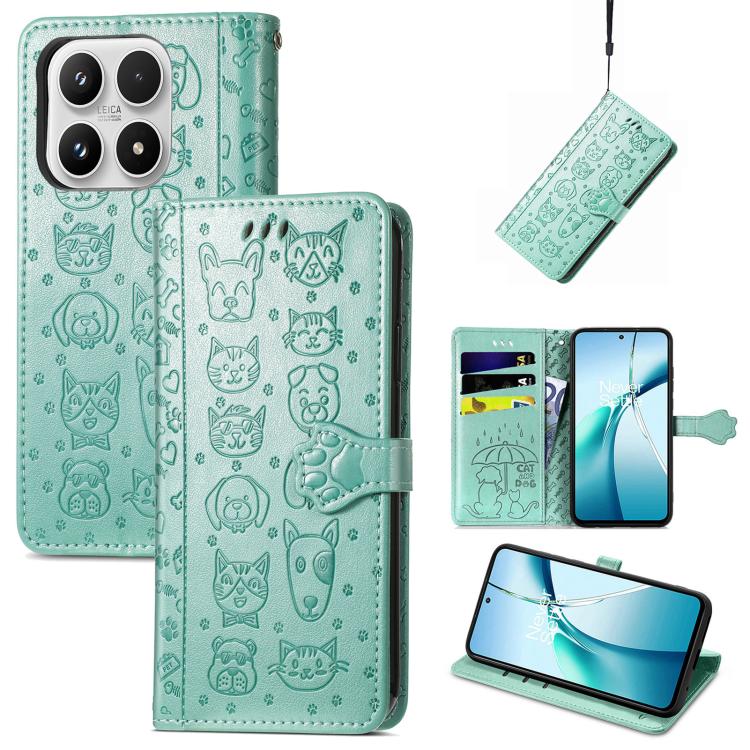 For Xiaomi 17 Cat and Dog Embossed Leather Phone Case(Green)