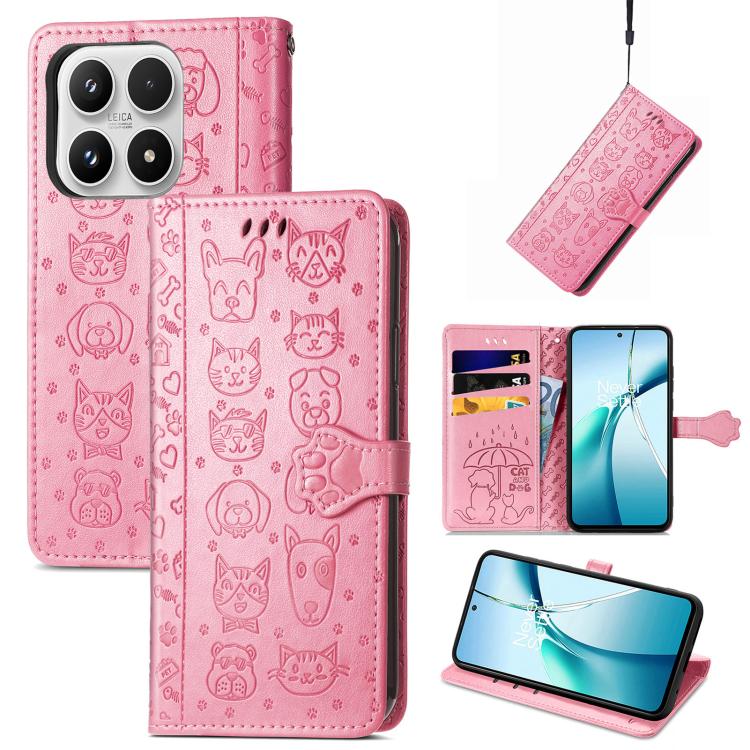 For Xiaomi 17 Cat and Dog Embossed Leather Phone Case(Pink)