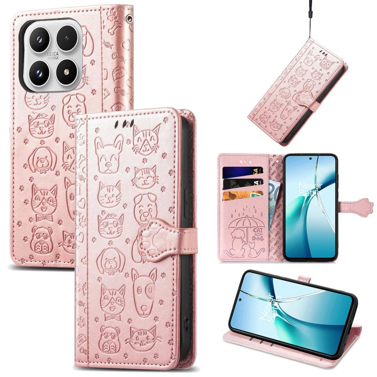 For Xiaomi 17 Cat and Dog Embossed Leather Phone Case(Rose Gold)
