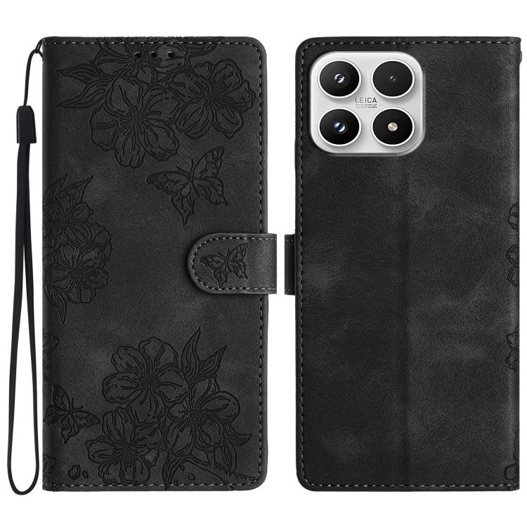 For Xiaomi 17 Cherry Blossom Butterfly Skin Feel Embossed PU Phone Case(Black)