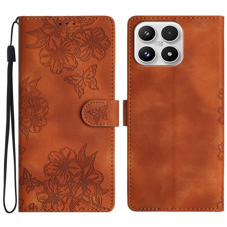 For Xiaomi 17 Cherry Blossom Butterfly Skin Feel Embossed PU Phone Case(Brown)