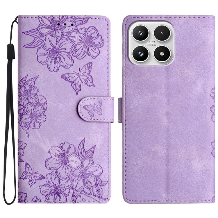 For Xiaomi 17 Cherry Blossom Butterfly Skin Feel Embossed PU Phone Case(Purple)