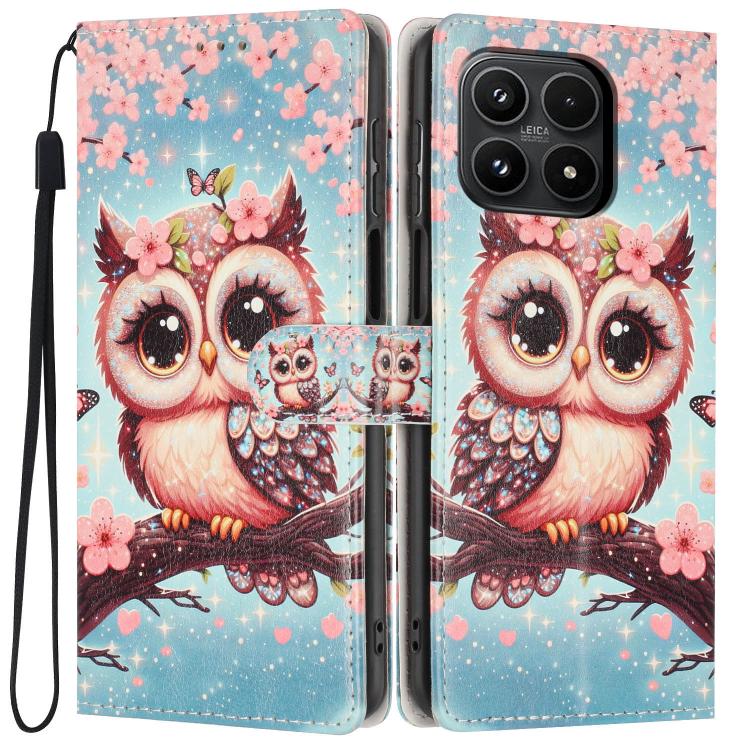 For Xiaomi 17 Colorful Painting Vegan Leather Phone Case with Lanyard(Cherry Blossom Owl)