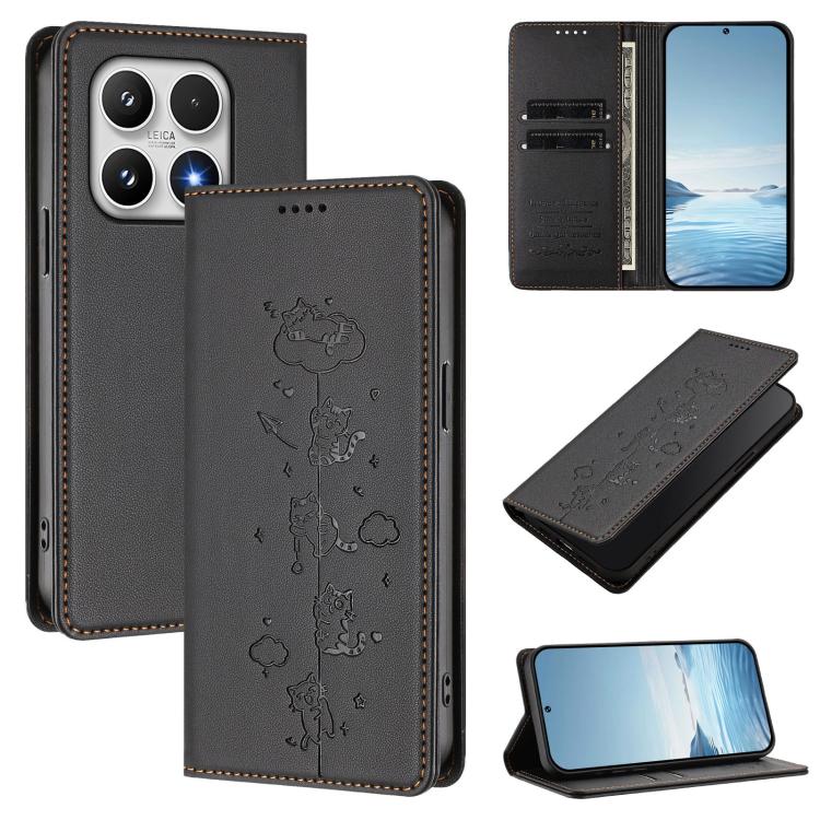 For Xiaomi 17 Cute Cats Embossed Magnetic RFID Vegan Leather Phone Case(Black)