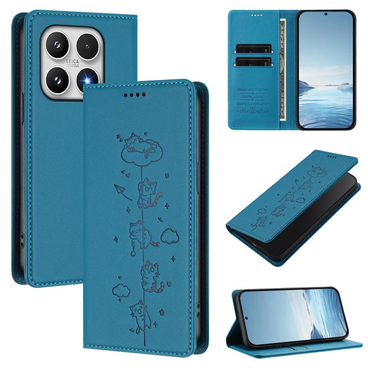 For Xiaomi 17 Cute Cats Embossed Magnetic RFID Vegan Leather Phone Case(Lake Blue)