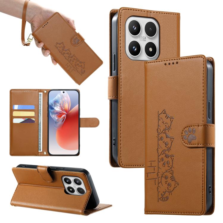 For Xiaomi 17 Cute Cats Magnetic Closure Vegan Leather Phone Case with Strap(Brown)