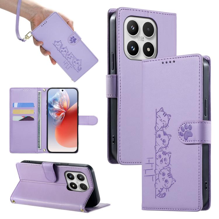 For Xiaomi 17 Cute Cats Magnetic Closure Vegan Leather Phone Case with Strap(Purple)
