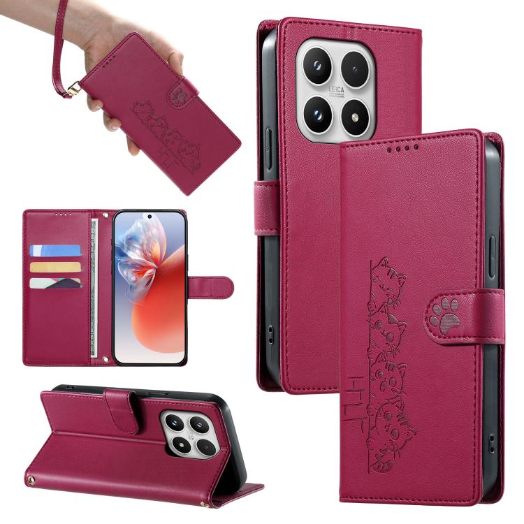 For Xiaomi 17 Cute Cats Magnetic Closure Vegan Leather Phone Case with Strap(Rose Red)