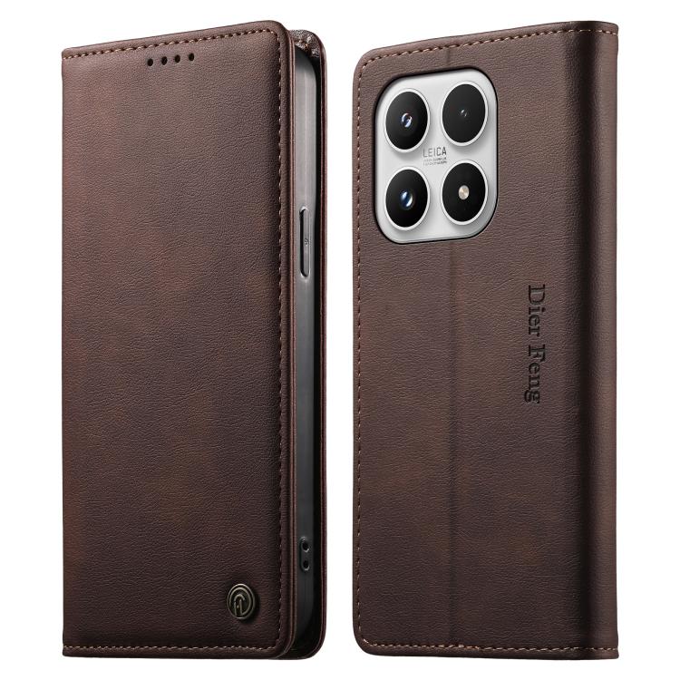 For Xiaomi 17 Dierfeng Metal Snap Magnetic RFID Vegan Leather Phone Case(Dark Brown)