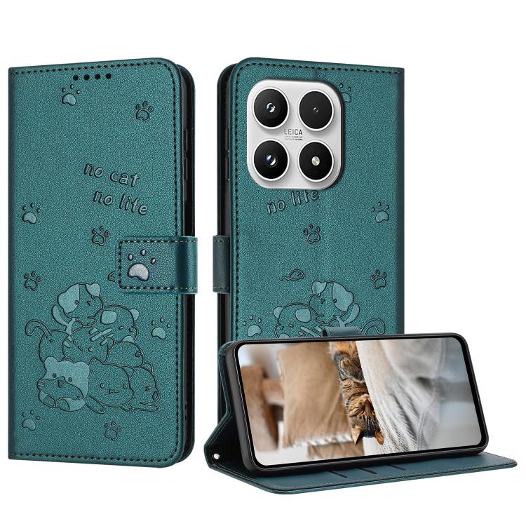 For Xiaomi 17 Embossed Kitten Phone Leather Case with Lanyard(Dark Green)