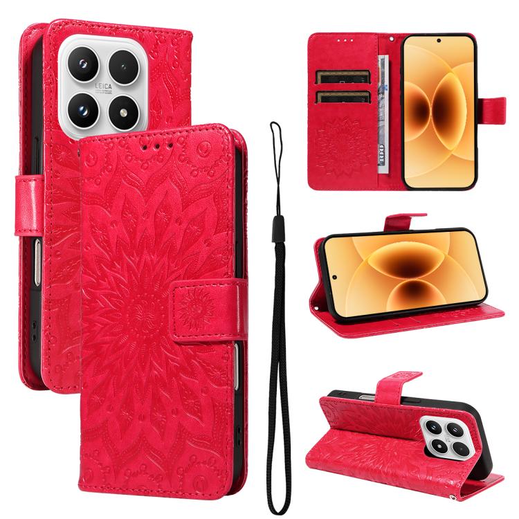 For Xiaomi 17 Embossed Sunflower Pattern Flip Leather Phone Case(Red)