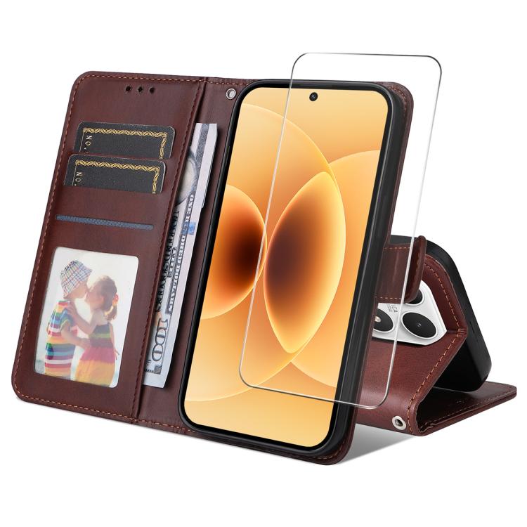 For Xiaomi 17 ENKAY Card Wallet Calf Texture Leather Phone Case with 0.18mm High Aluminum-silicon Glass Film(Brown)