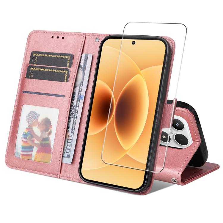 For Xiaomi 17 ENKAY Card Wallet Calf Texture Leather Phone Case with 0.18mm High Aluminum-silicon Glass Film(Pink)