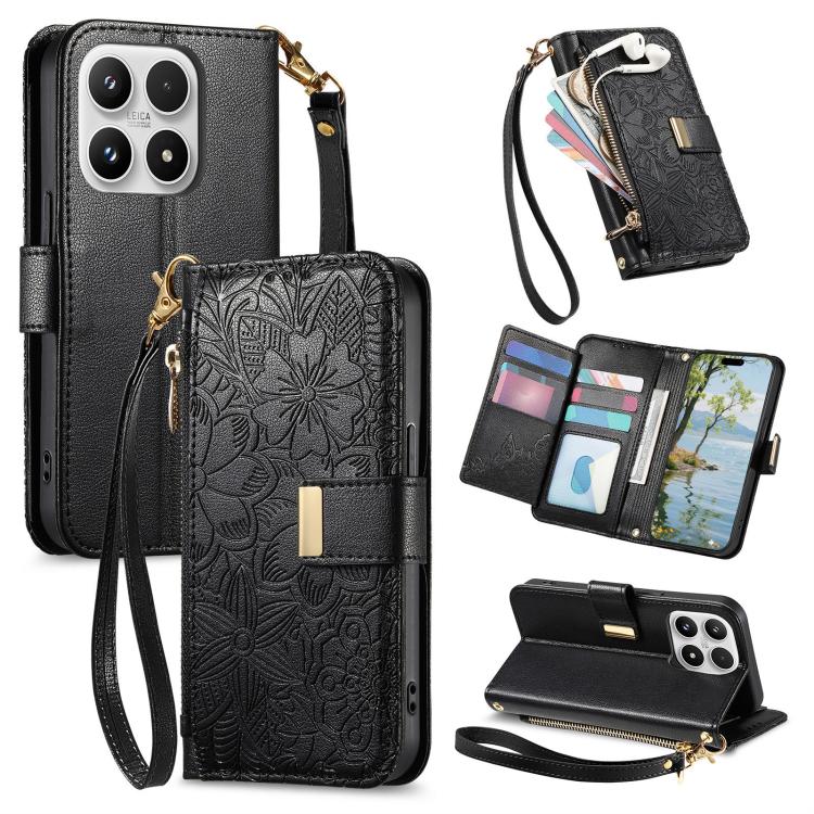 For Xiaomi 17 Flowers Leaves Zipper Wallet Leather Phone Case with Strap(Black)