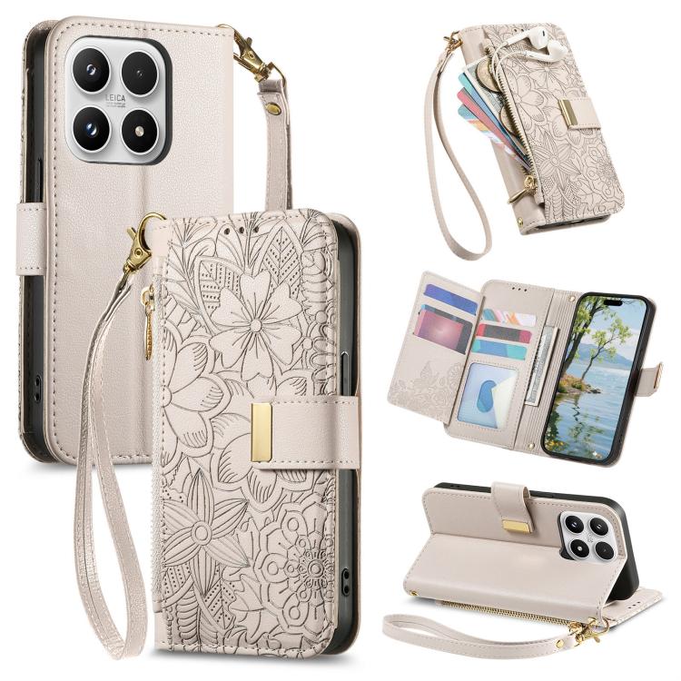 For Xiaomi 17 Flowers Leaves Zipper Wallet Leather Phone Case with Strap(Khaki)