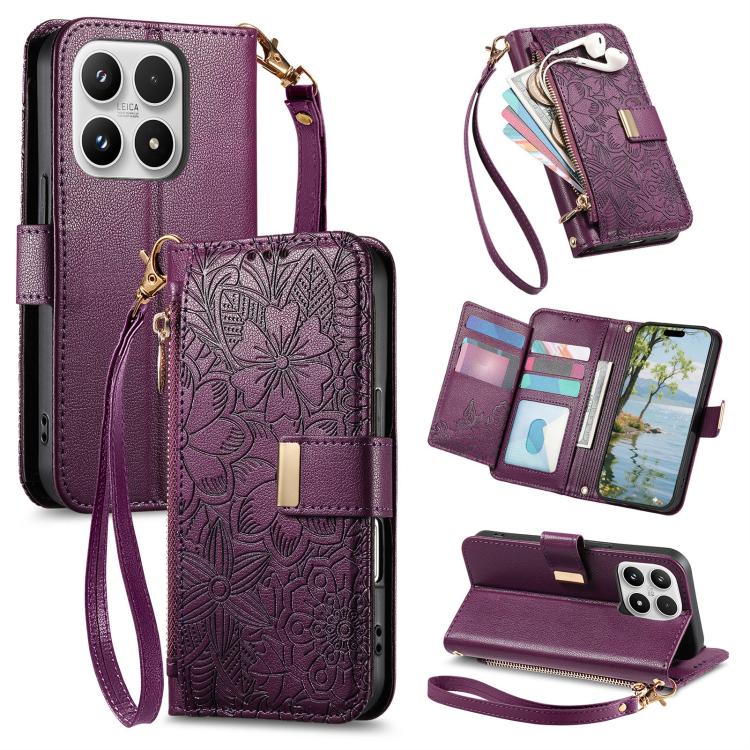 For Xiaomi 17 Flowers Leaves Zipper Wallet Leather Phone Case with Strap(Purple)