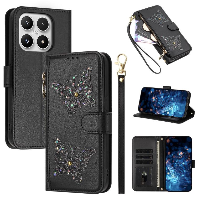 For Xiaomi 17 Glitter Butterfly Zipper Vegan Leather Phone Case with Wrist Strap(Black)