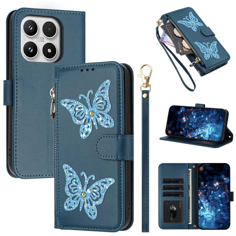 For Xiaomi 17 Glitter Butterfly Zipper Vegan Leather Phone Case with Wrist Strap(Blue)