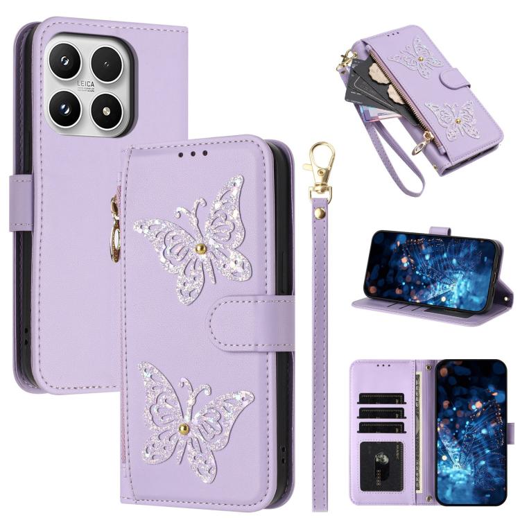 For Xiaomi 17 Glitter Butterfly Zipper Vegan Leather Phone Case with Wrist Strap(Purple)