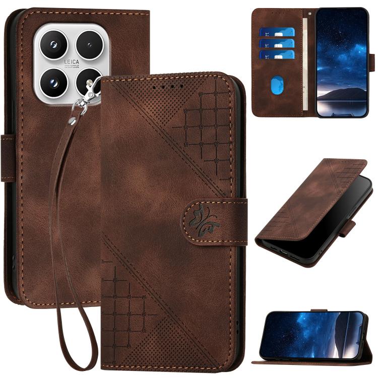 For Xiaomi 17 Grid Butterfly Embossed Pattern Leather Phone Case with Lanyard(Coffee)