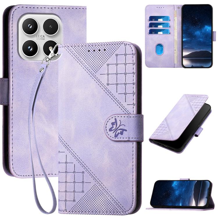 For Xiaomi 17 Grid Butterfly Embossed Pattern Leather Phone Case with Lanyard(Light Purple)