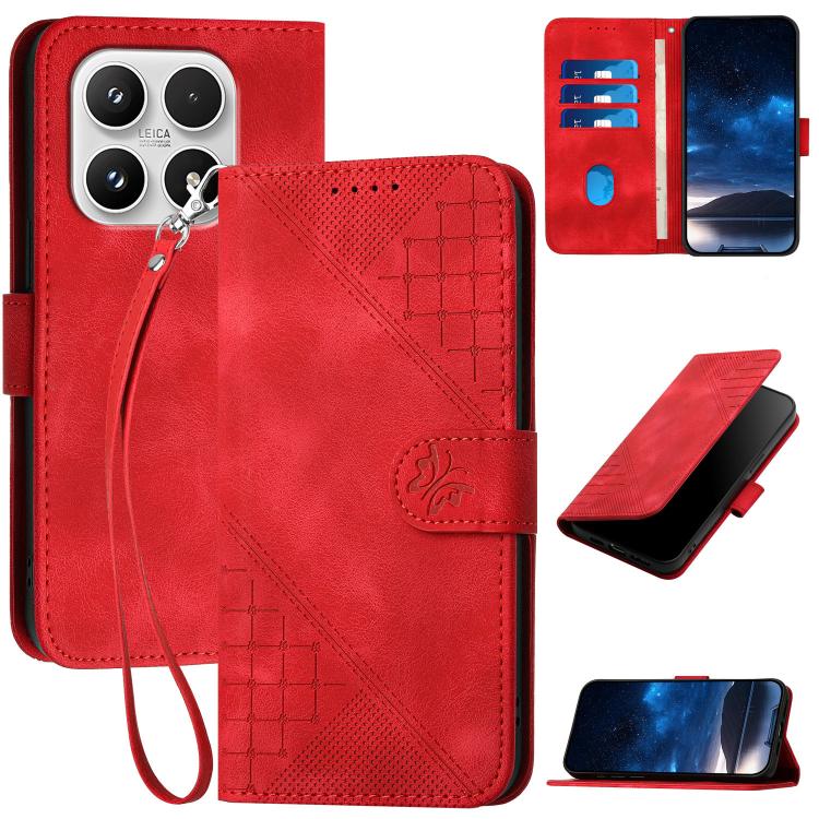 For Xiaomi 17 Grid Butterfly Embossed Pattern Leather Phone Case with Lanyard(Red)