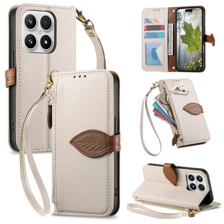For Xiaomi 17 Leaf Buckle Zipper Wallet Leather Phone Case with Strap(Beige)