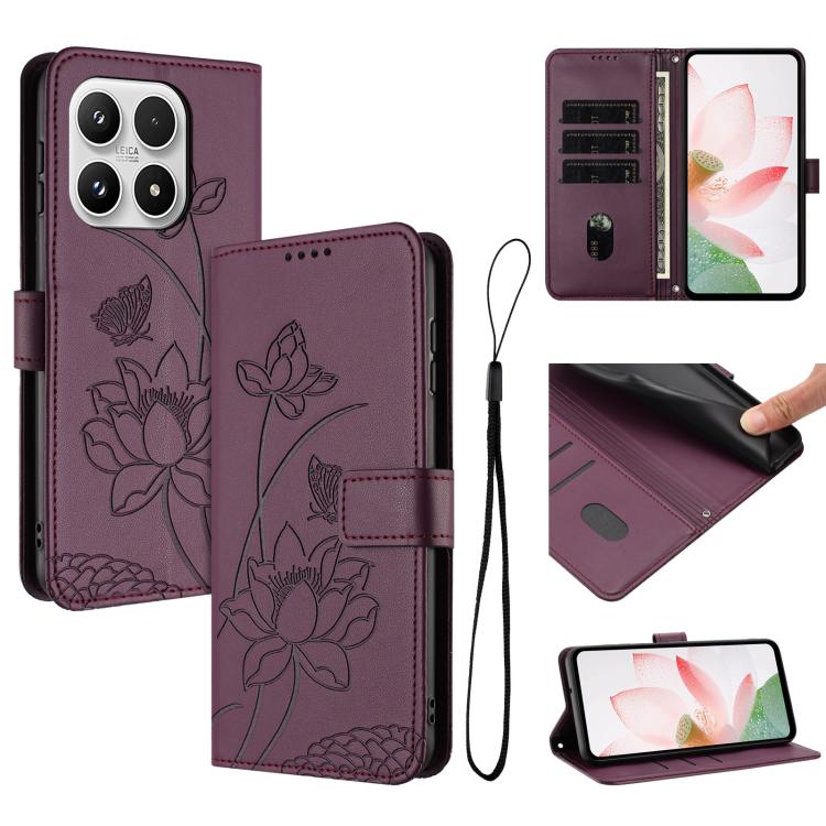 For Xiaomi 17 Lotus Embossed Leather Phone Case with Lanyard(Wine Red)