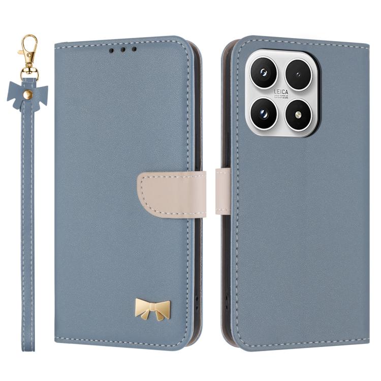 For Xiaomi 17 Metal Bow Leather Phone Case with Hand Strap(Light Blue)