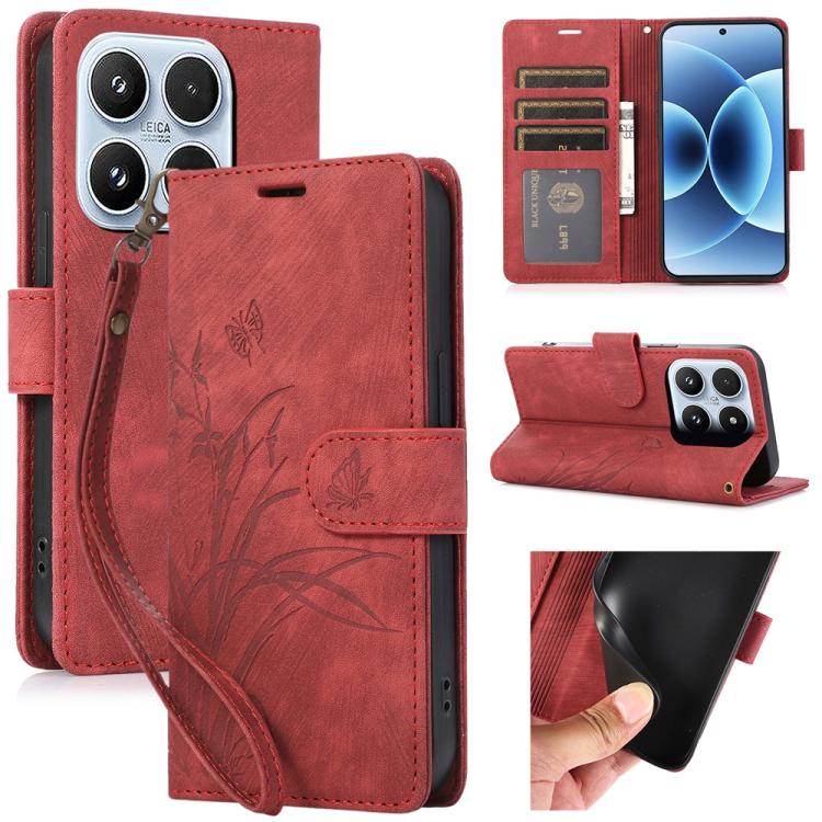 For Xiaomi 17 Orchid Butterfly Embossed Leather Phone Case(Red)