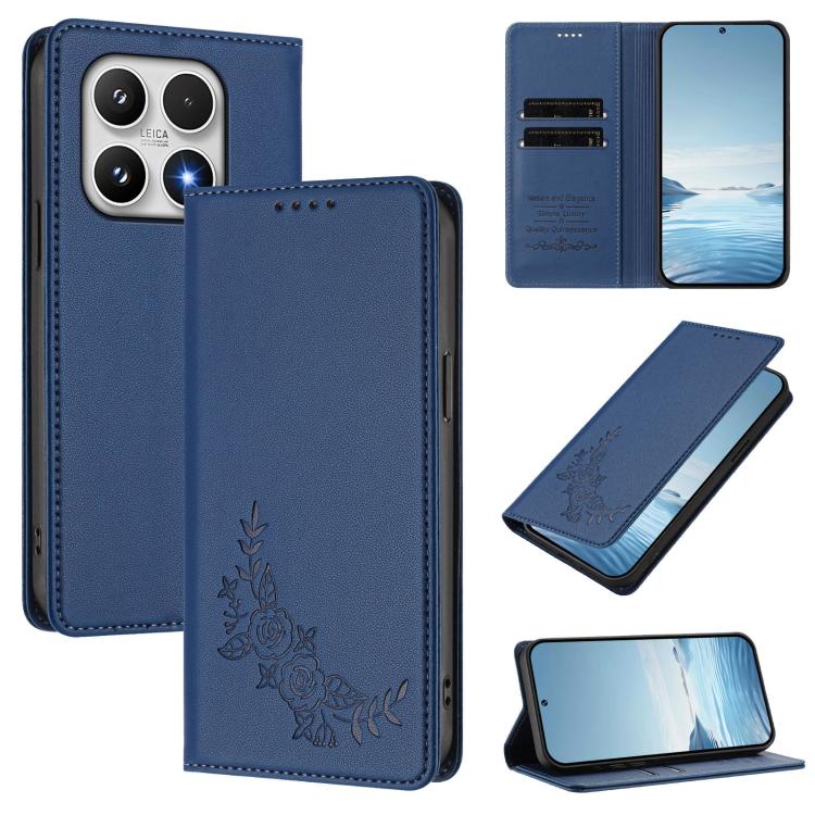 For Xiaomi 17 Peony Embossed Magnetic RFID Vegan Leather Phone Case(Dark Blue)