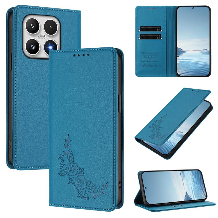 For Xiaomi 17 Peony Embossed Magnetic RFID Vegan Leather Phone Case(Lake Blue)