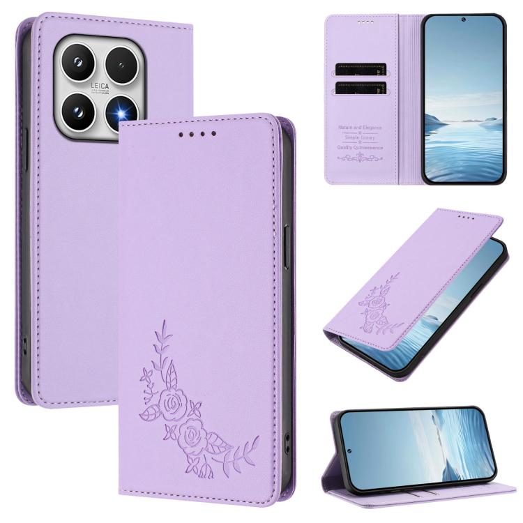 For Xiaomi 17 Peony Embossed Magnetic RFID Vegan Leather Phone Case(Light Purple)