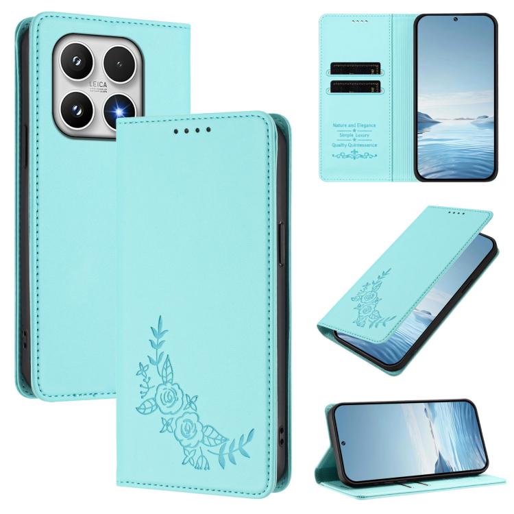 For Xiaomi 17 Peony Embossed Magnetic RFID Vegan Leather Phone Case(Mint Green)