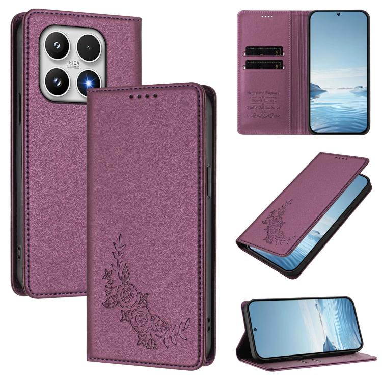 For Xiaomi 17 Peony Embossed Magnetic RFID Vegan Leather Phone Case(Violet Purple)