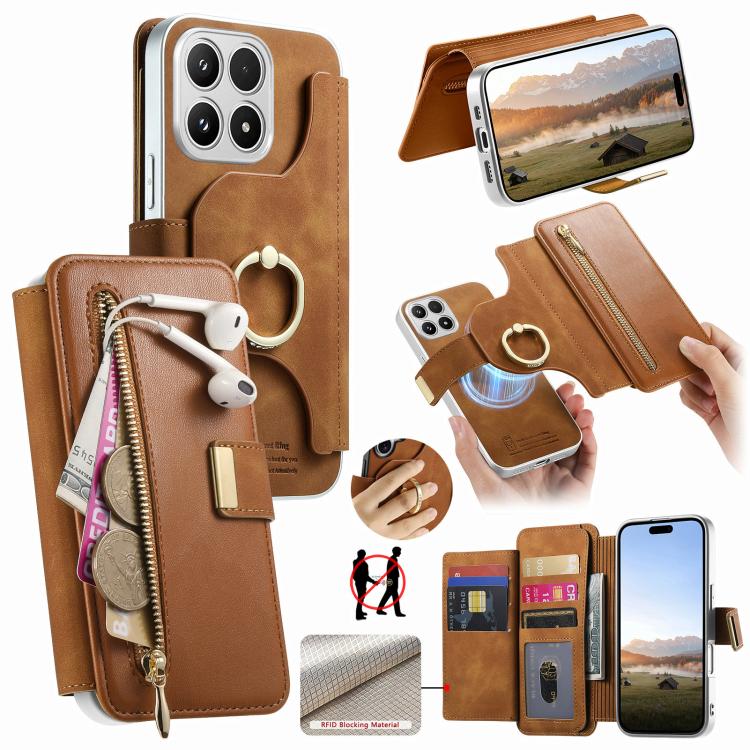 For Xiaomi 17 Precision Hole Silver-Edged Ring RFID Blocking Zipper Wallet Magnetic Vegan Leather Phone Case(Brown)
