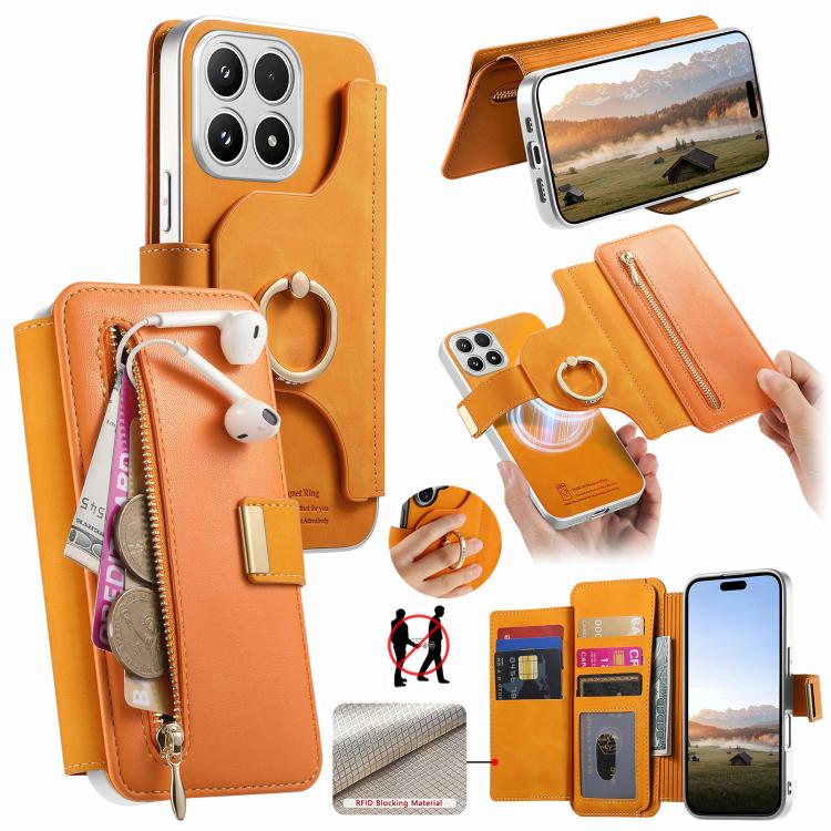 For Xiaomi 17 Precision Hole Silver-Edged Ring RFID Blocking Zipper Wallet Magnetic Vegan Leather Phone Case(Orange)