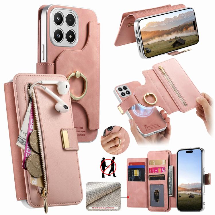 For Xiaomi 17 Precision Hole Silver-Edged Ring RFID Blocking Zipper Wallet Magnetic Vegan Leather Phone Case(Pink)