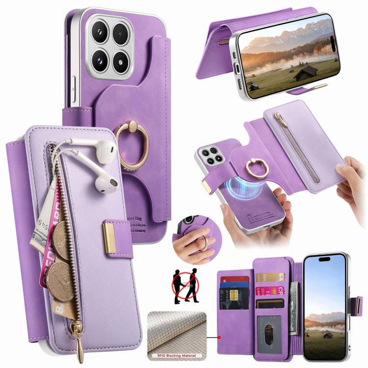 For Xiaomi 17 Precision Hole Silver-Edged Ring RFID Blocking Zipper Wallet Magnetic Vegan Leather Phone Case(Purple)