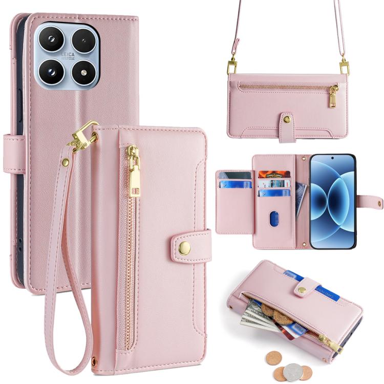 For Xiaomi 17 Sheep Texture Cross-body Zipper Wallet Leather Phone Case(Pink)