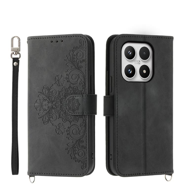 For Xiaomi 17 Skin Feel Flowers Embossed Wallet Leather Phone Case(Black)