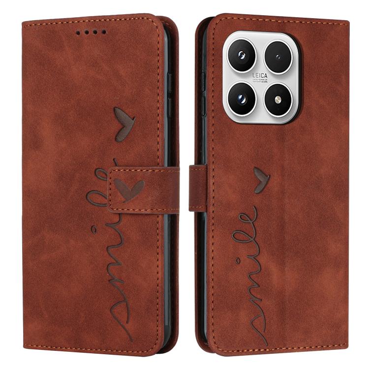 For Xiaomi 17 Skin Feel Heart Embossed Leather Phone Case with Long Lanyard(Brown)