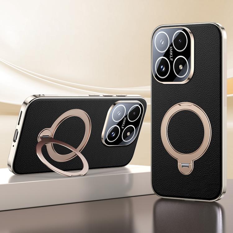 For Xiaomi 17 Skin Feel Leather Texture Cooling MagSafe Phone Case with 360 Degrees Rotating Holder(Black)