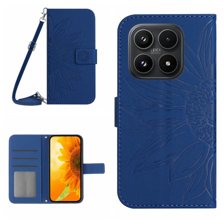 For Xiaomi 17 Skin Feel Sun Flower Embossed Flip Leather Phone Case with Lanyard(Dark Blue)