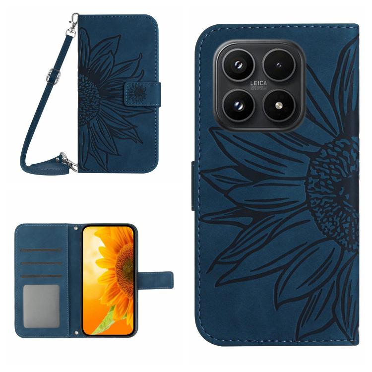 For Xiaomi 17 Skin Feel Sun Flower Embossed Flip Leather Phone Case with Lanyard(Inky Blue)