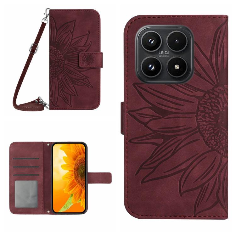 For Xiaomi 17 Skin Feel Sun Flower Embossed Flip Leather Phone Case with Lanyard(Wine Red)